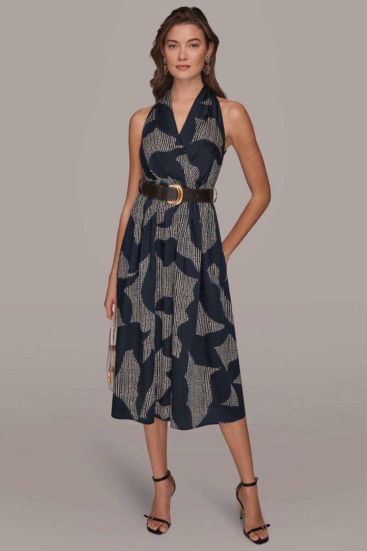 PRINTED WRAP MIDI HALTER DRESS - Nightfall/Sand