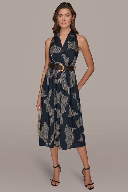 PRINTED WRAP MIDI HALTER DRESS - Nightfall/Sand