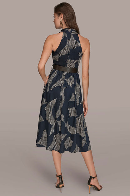PRINTED WRAP MIDI HALTER DRESS - Nightfall/Sand