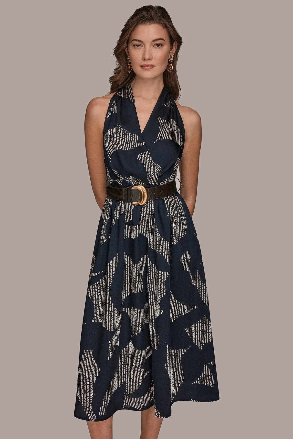 PRINTED WRAP MIDI HALTER DRESS - Nightfall/Sand