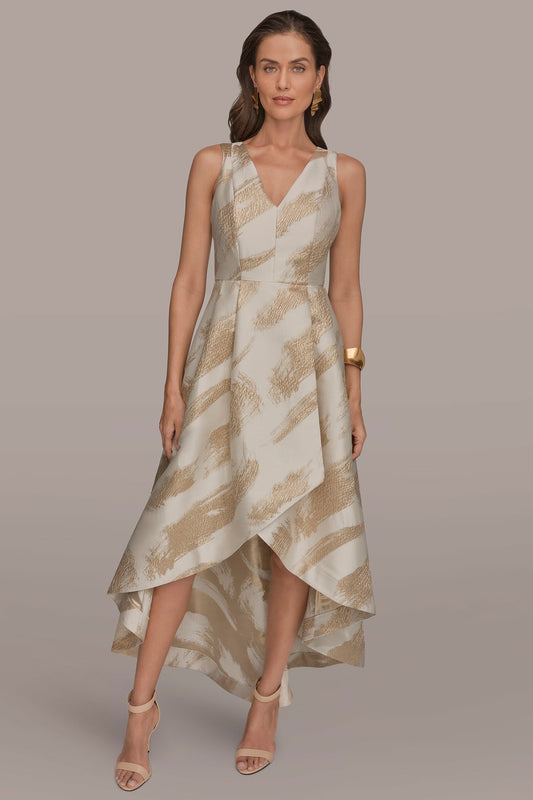 BRUSHSTROKE JACQUARD HIGH-LOW BALL GOWN - Cream/Gold