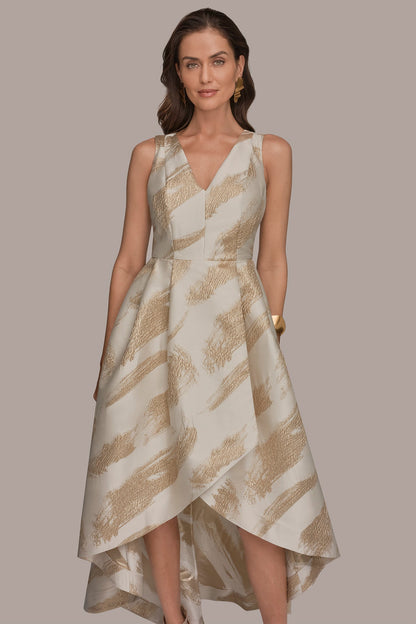 BRUSHSTROKE JACQUARD HIGH-LOW BALL GOWN - Cream/Gold