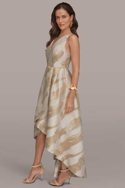 BRUSHSTROKE JACQUARD HIGH-LOW BALL GOWN - Cream/Gold
