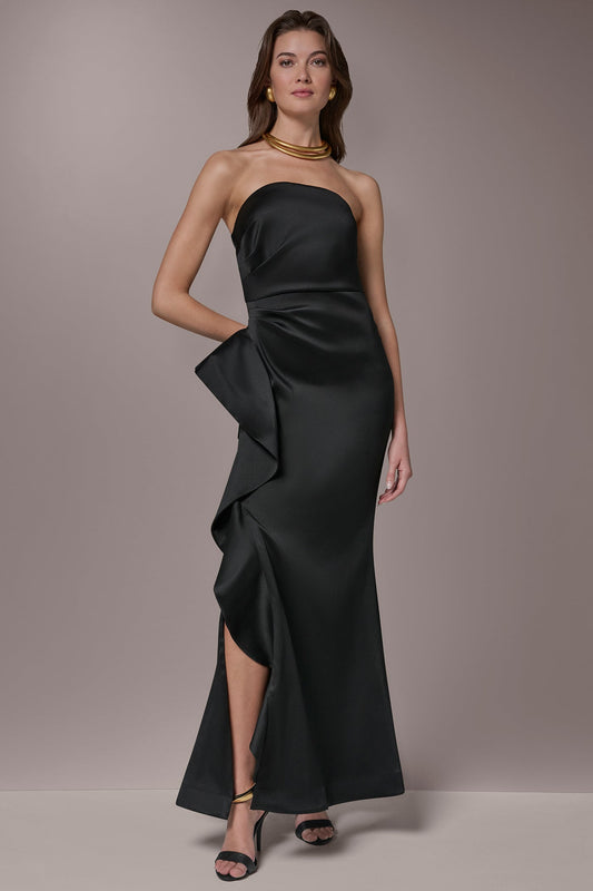TAFFETA STRAPLESS RUFFLE GOWN - Black