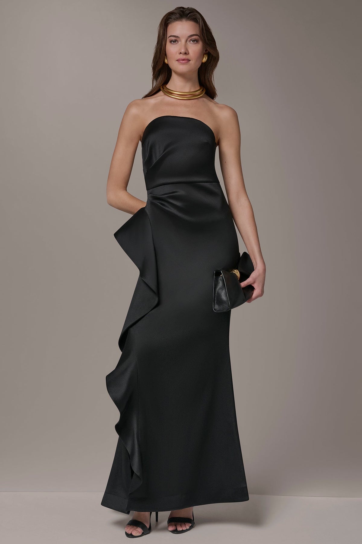 TAFFETA STRAPLESS RUFFLE GOWN - Black