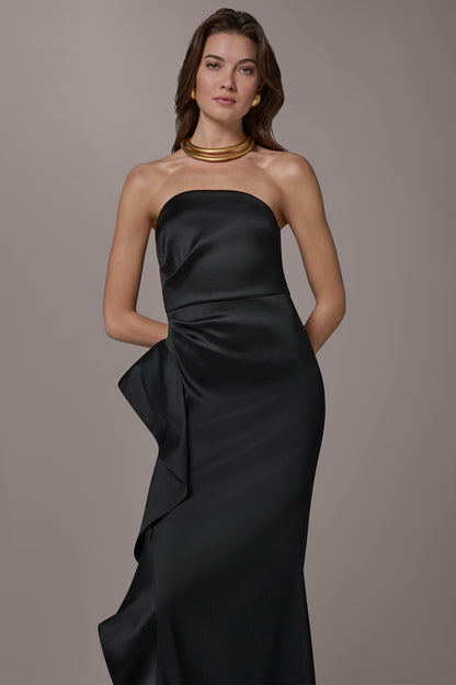 TAFFETA STRAPLESS RUFFLE GOWN - Black