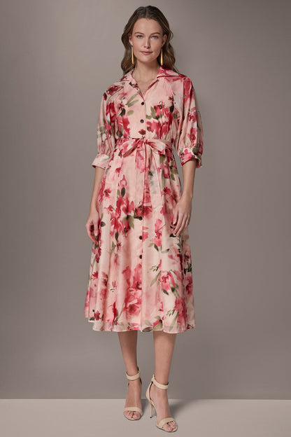 ORGANZA FLORAL MIDI SHIRT DRESS - Geranium Multi