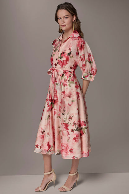 ORGANZA FLORAL MIDI SHIRT DRESS - Geranium Multi