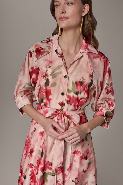 ORGANZA FLORAL MIDI SHIRT DRESS - Geranium Multi