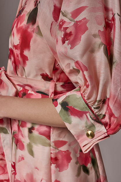 ORGANZA FLORAL MIDI SHIRT DRESS - Geranium Multi