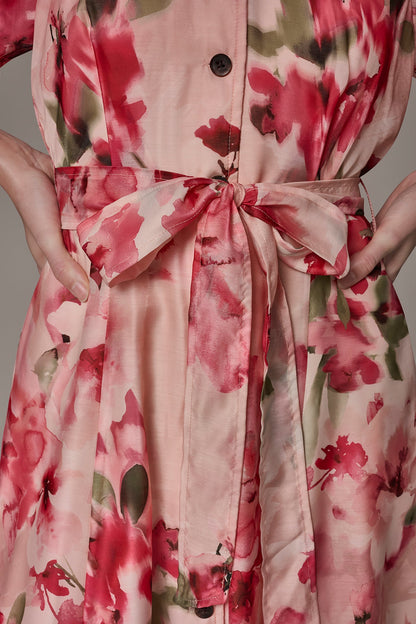 ORGANZA FLORAL MIDI SHIRT DRESS - Geranium Multi