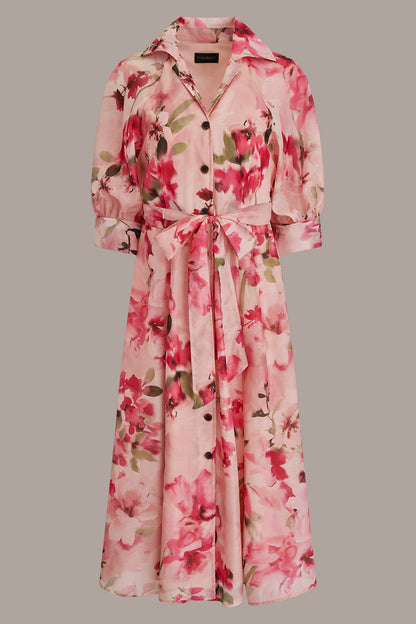 ORGANZA FLORAL MIDI SHIRT DRESS - Geranium Multi