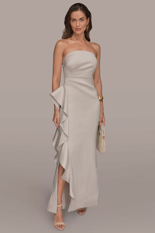 TAFFETA STRAPLESS RUFFLE GOWN - Sand