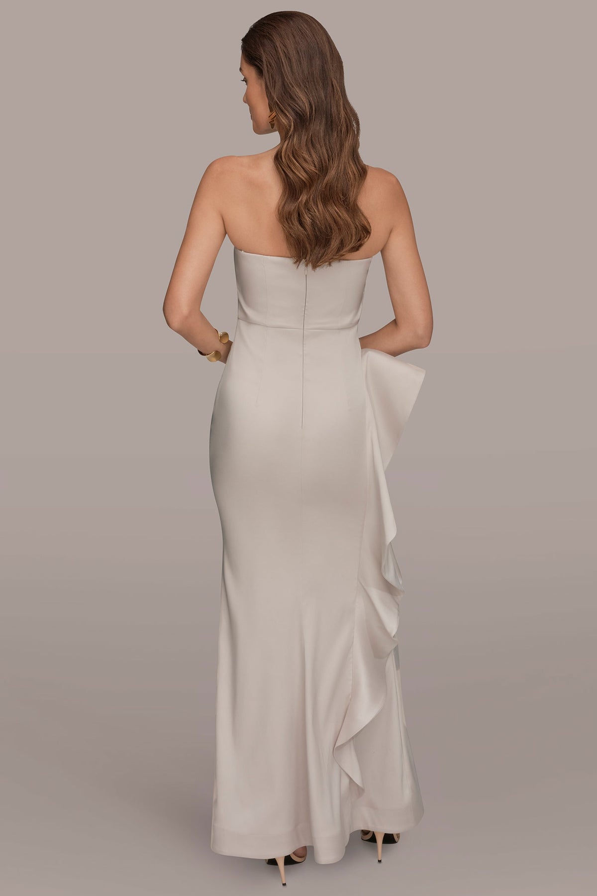TAFFETA STRAPLESS RUFFLE GOWN - Sand