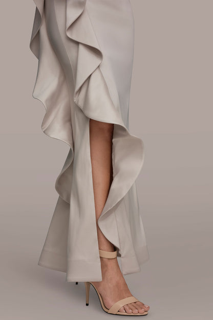 TAFFETA STRAPLESS RUFFLE GOWN - Sand