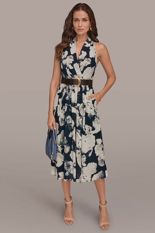 CHIFFON FLORAL MIDI HALTER DRESS - Nightfall Multi