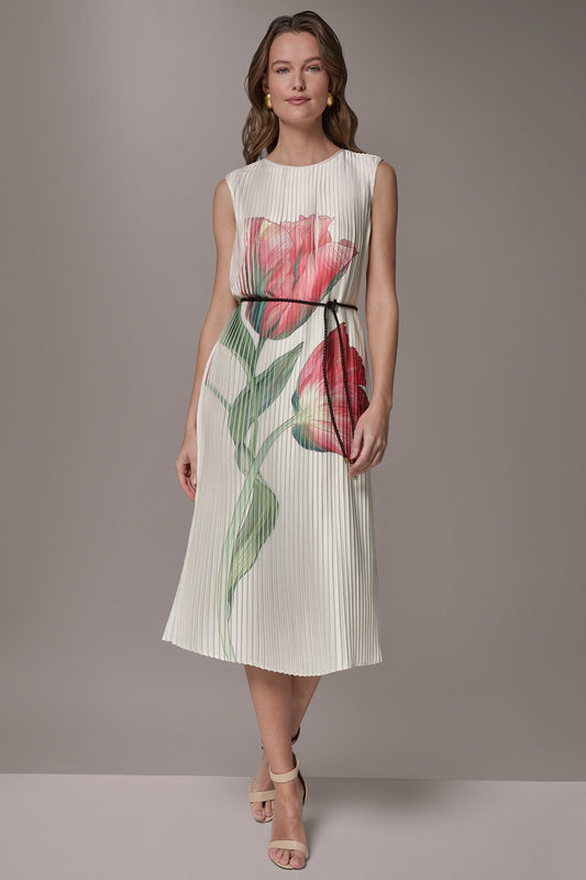 FLORAL PLEATED MIDI A-LINE DRESS - Geranium Multi