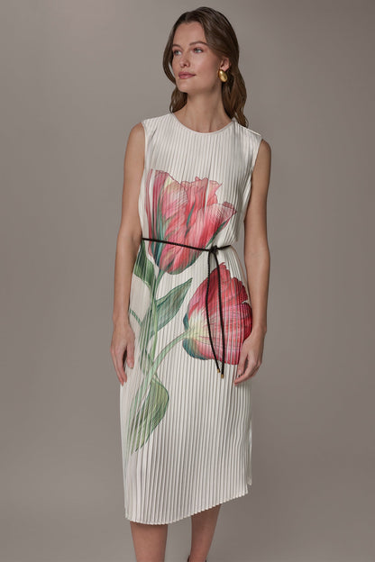 FLORAL PLEATED MIDI A-LINE DRESS - Geranium Multi