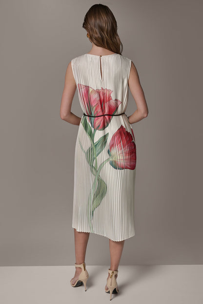 FLORAL PLEATED MIDI A-LINE DRESS - Geranium Multi