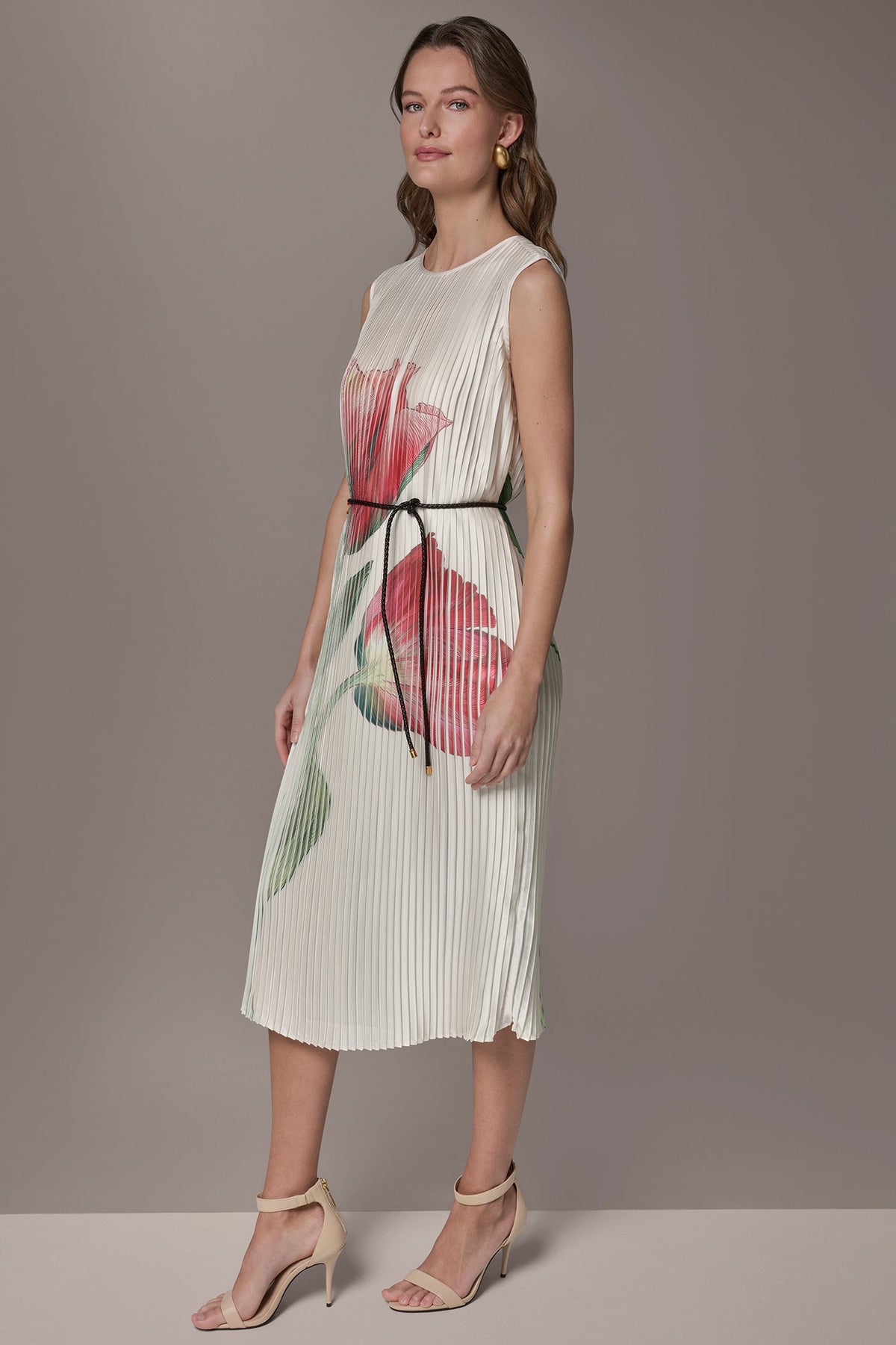 FLORAL PLEATED MIDI A-LINE DRESS - Geranium Multi