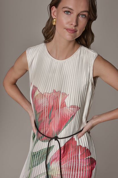 FLORAL PLEATED MIDI A-LINE DRESS - Geranium Multi