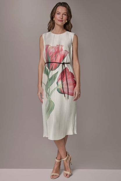 FLORAL PLEATED MIDI A-LINE DRESS - Geranium Multi