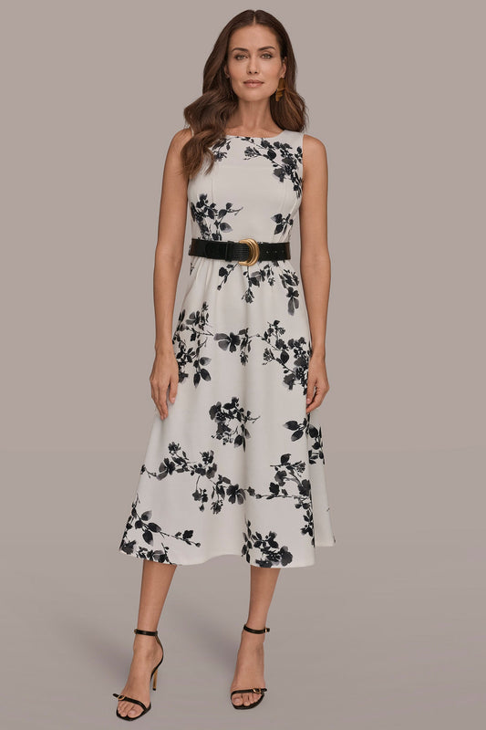 SLEEVELESS FLORAL A-LINE DRESS - Cream/Black Multi