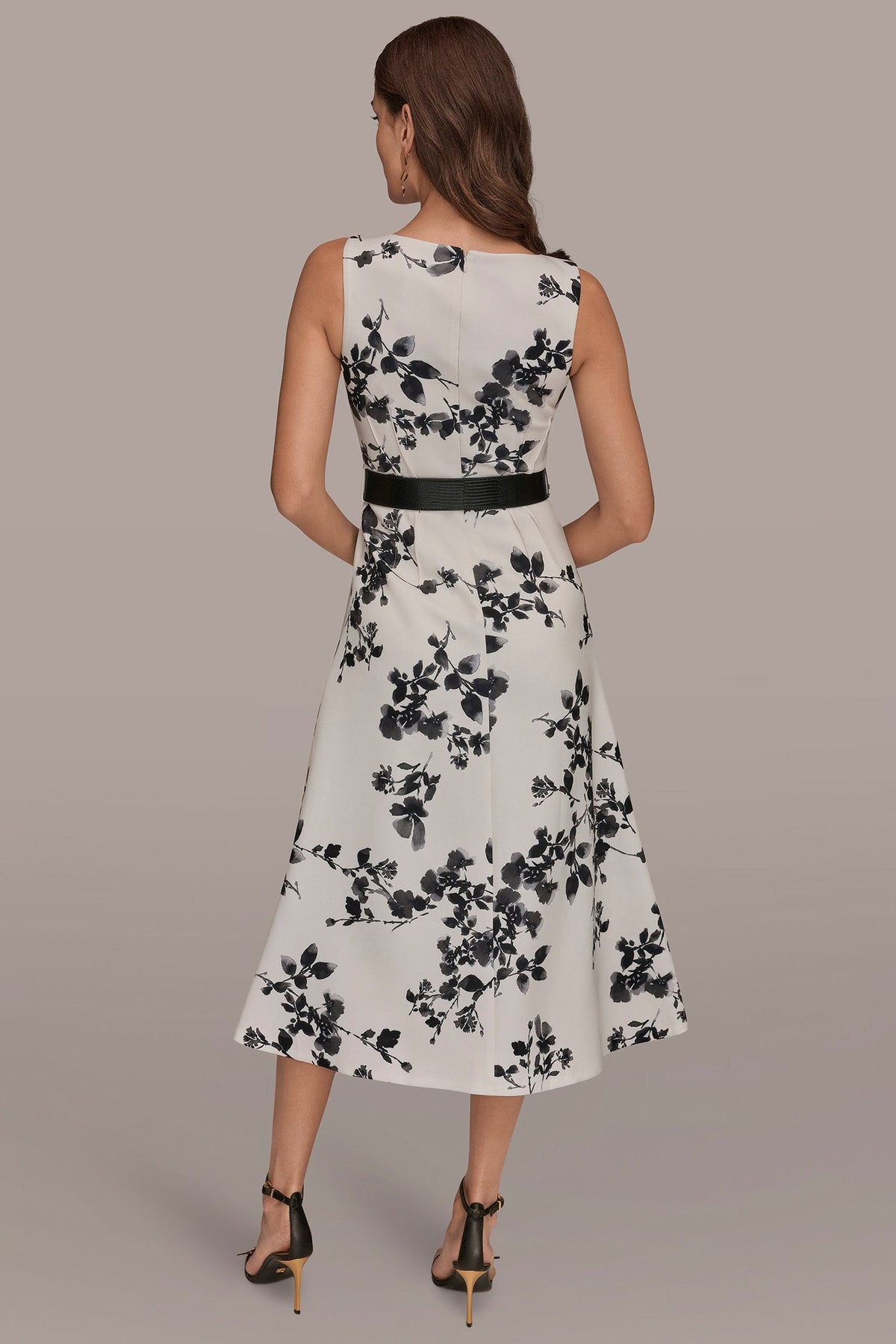 SLEEVELESS FLORAL A-LINE DRESS - Cream/Black Multi