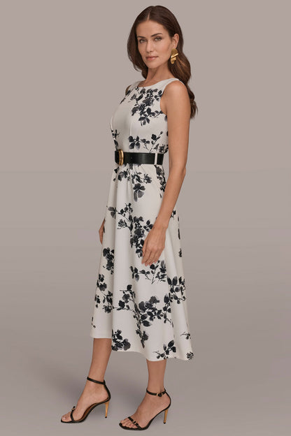 SLEEVELESS FLORAL A-LINE DRESS - Cream/Black Multi