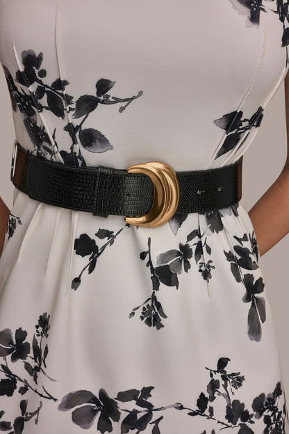 SLEEVELESS FLORAL A-LINE DRESS - Cream/Black Multi