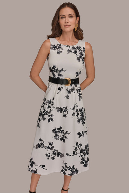 SLEEVELESS FLORAL A-LINE DRESS - Cream/Black Multi