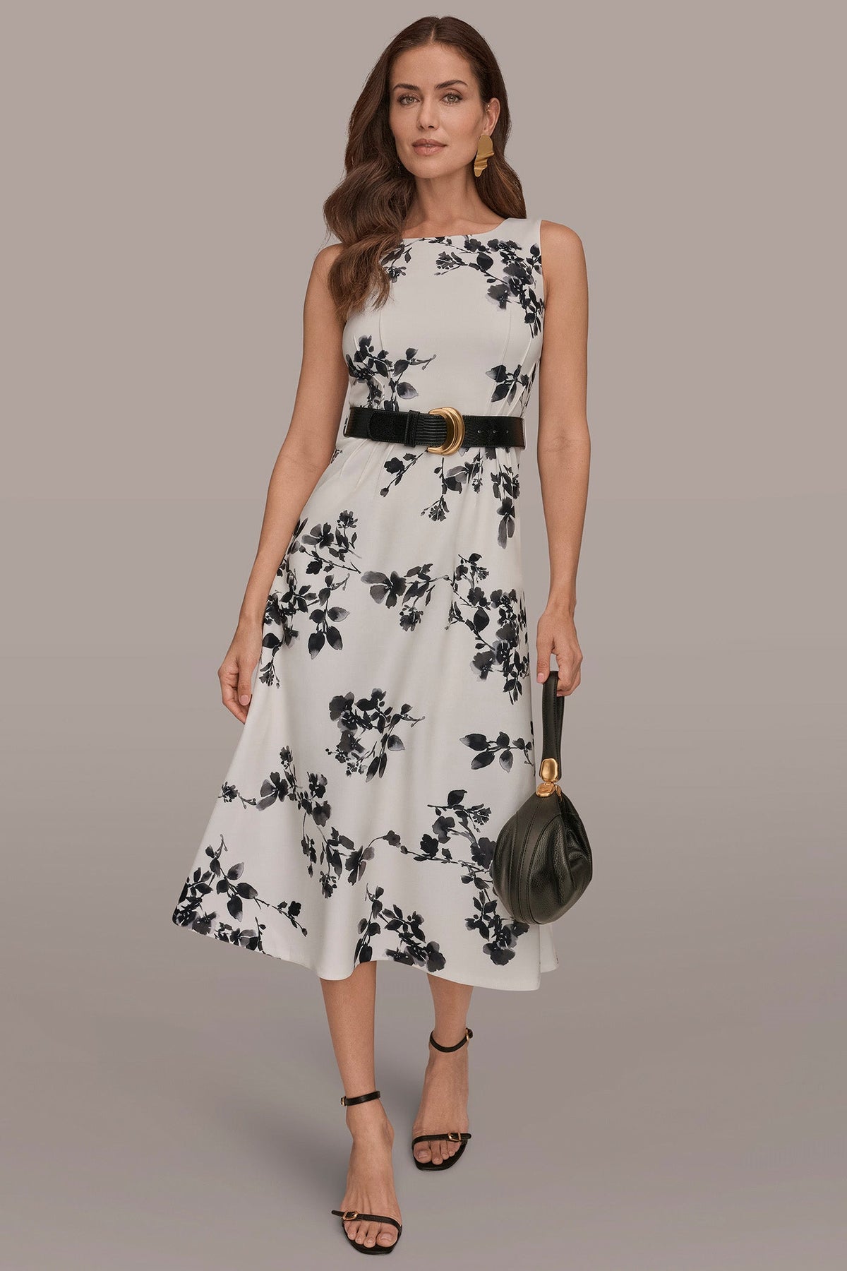 SLEEVELESS FLORAL A-LINE DRESS - Cream/Black Multi