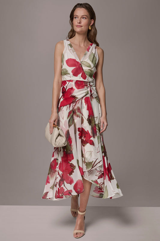CHIFFON FLORAL WRAP MIDI A-LINE DRESS - Azalea Multi