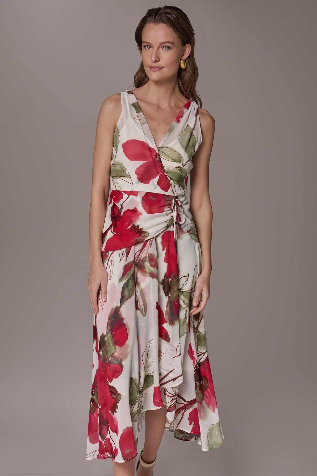 CHIFFON FLORAL WRAP MIDI A-LINE DRESS - Azalea Multi
