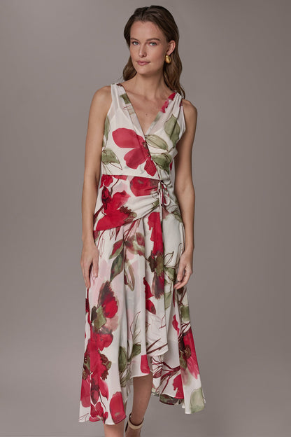 CHIFFON FLORAL WRAP MIDI A-LINE DRESS - Azalea Multi