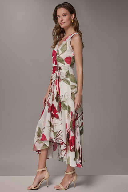 CHIFFON FLORAL WRAP MIDI A-LINE DRESS - Azalea Multi