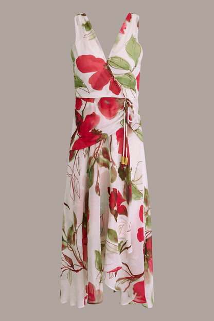CHIFFON FLORAL WRAP MIDI A-LINE DRESS - Azalea Multi
