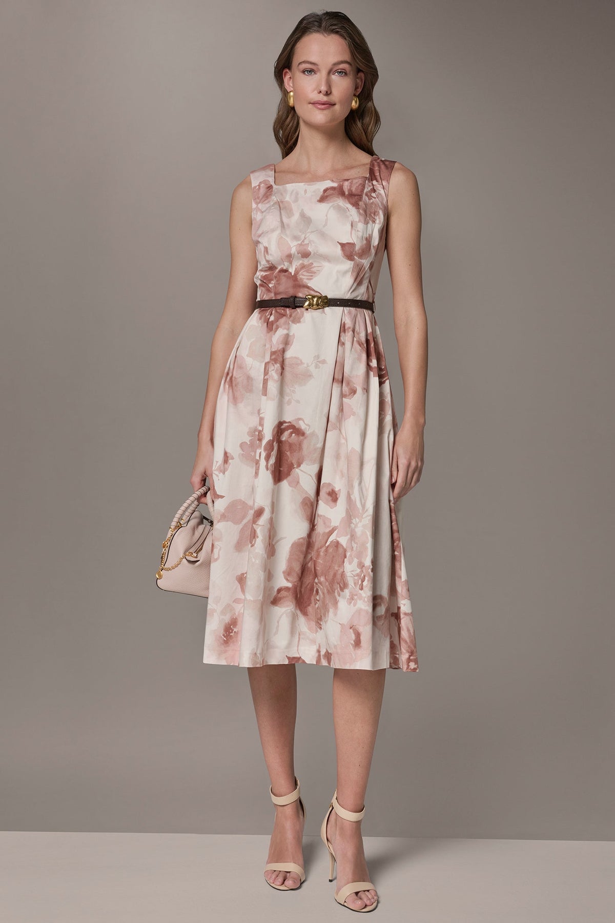 COTTON-SATEEN FLORAL MIDI A-LINE DRESS - Snow Petal Multi