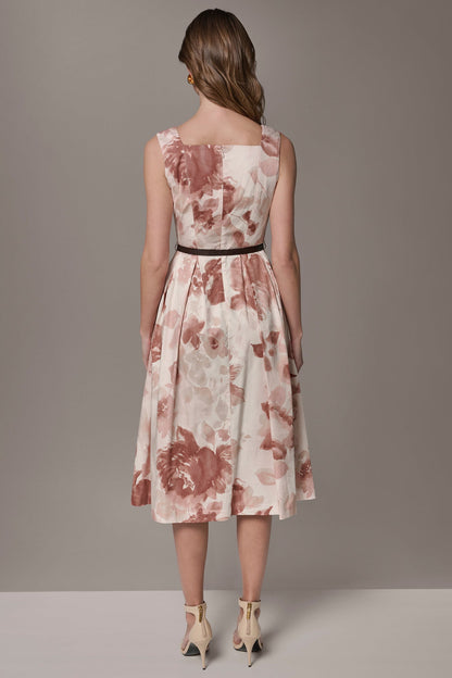 COTTON-SATEEN FLORAL MIDI A-LINE DRESS - Snow Petal Multi