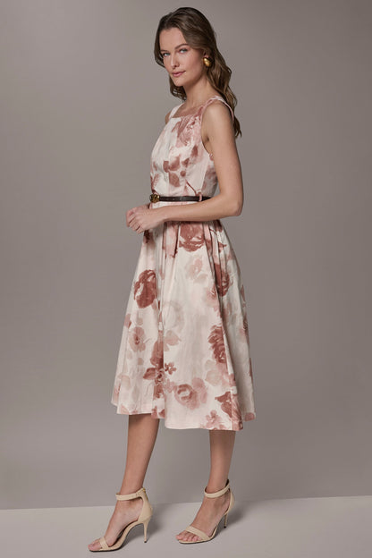 COTTON-SATEEN FLORAL MIDI A-LINE DRESS - Snow Petal Multi