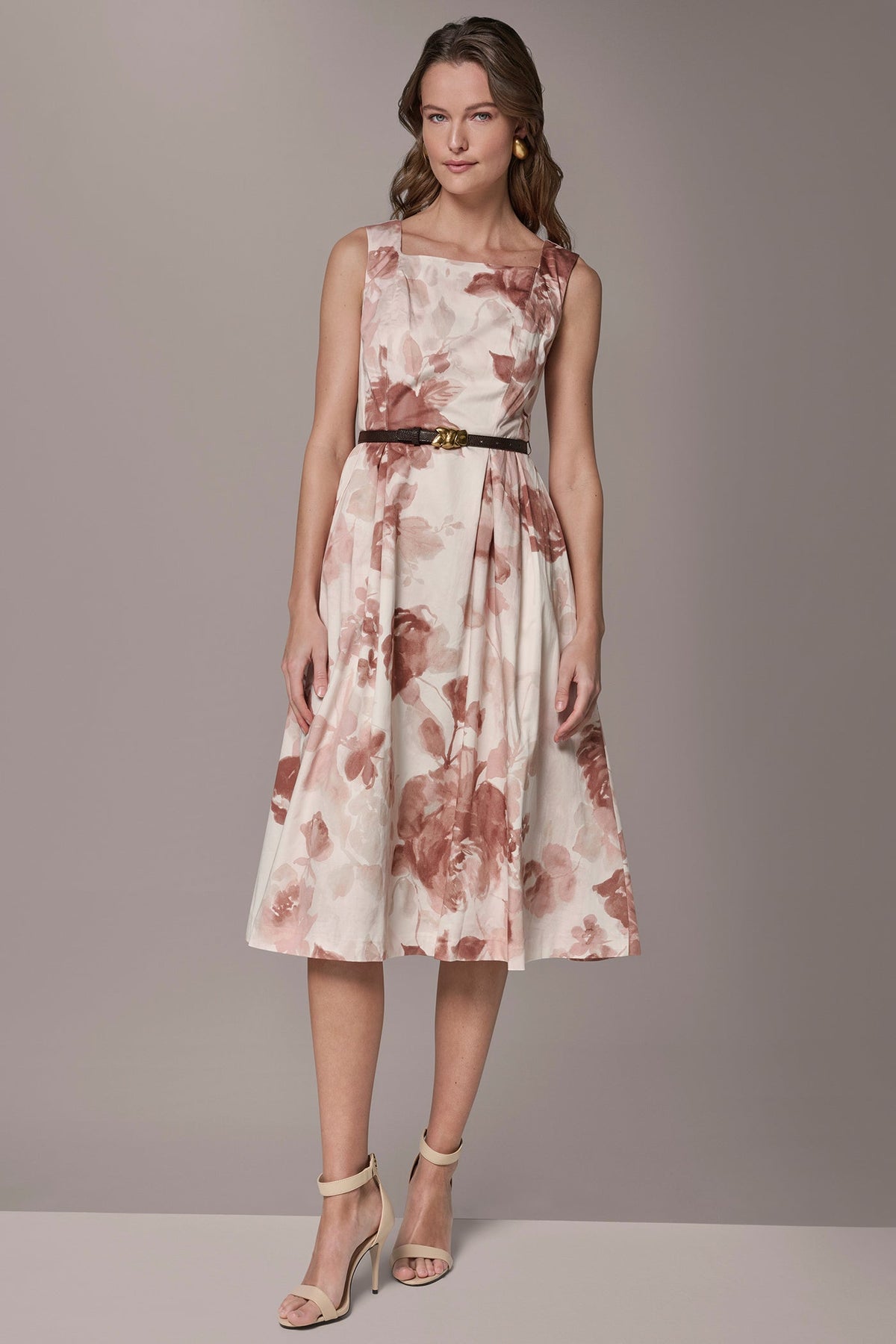 COTTON-SATEEN FLORAL MIDI A-LINE DRESS - Snow Petal Multi