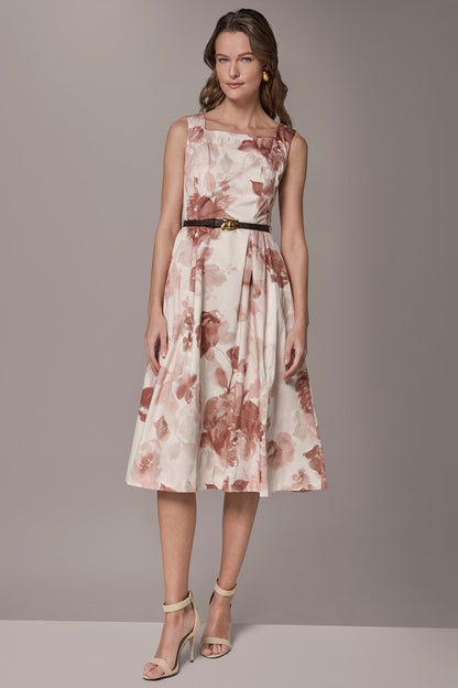 COTTON-SATEEN FLORAL MIDI A-LINE DRESS - Snow Petal Multi