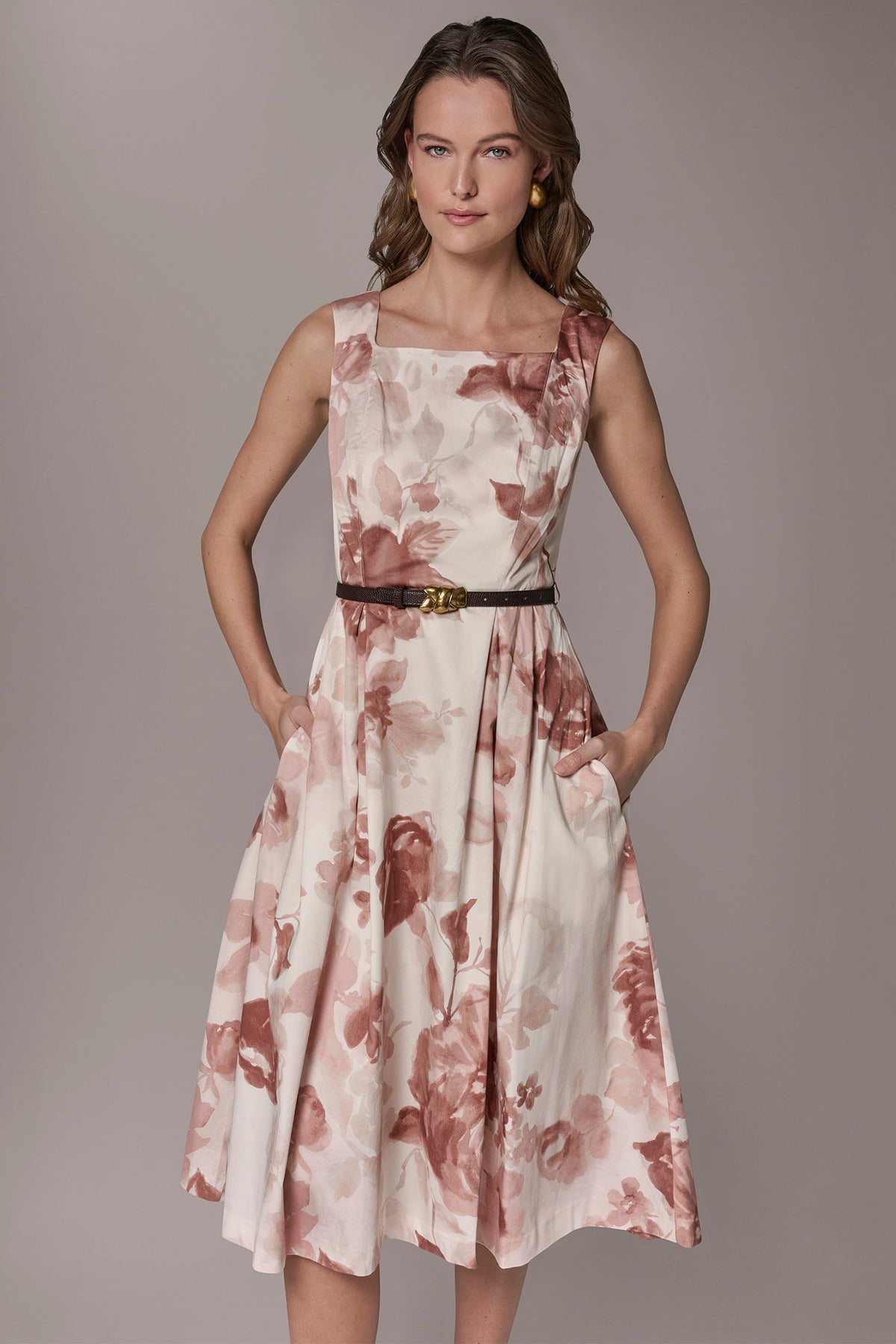 COTTON-SATEEN FLORAL MIDI A-LINE DRESS - Snow Petal Multi