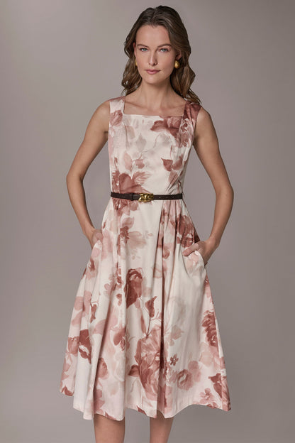 COTTON-SATEEN FLORAL MIDI A-LINE DRESS - Snow Petal Multi