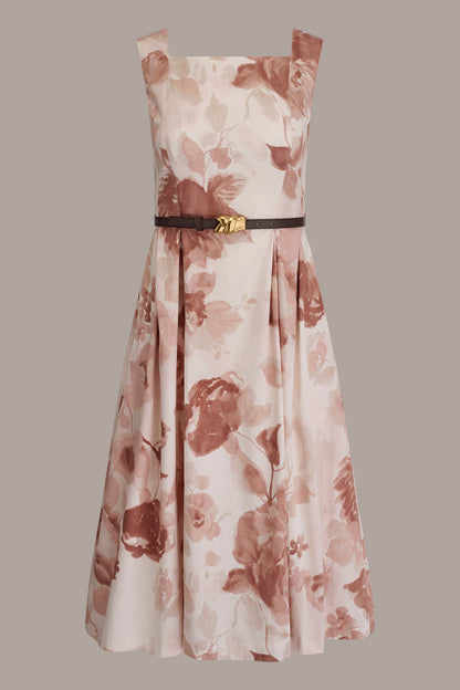 COTTON-SATEEN FLORAL MIDI A-LINE DRESS - Snow Petal Multi