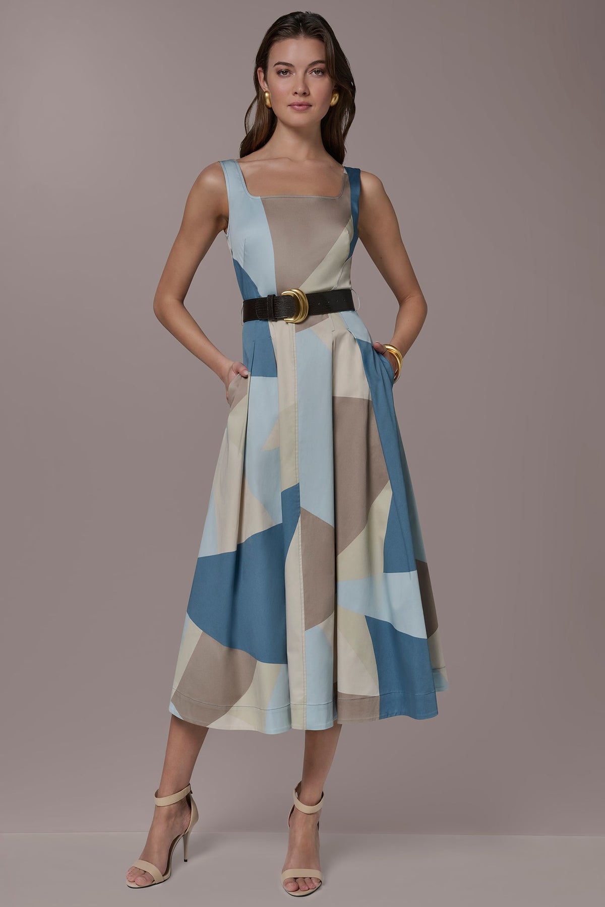 STRETCH-COTTON SLEEVELESS PRINTED MIDI DRESS - Washed Indigo/Sea Mist