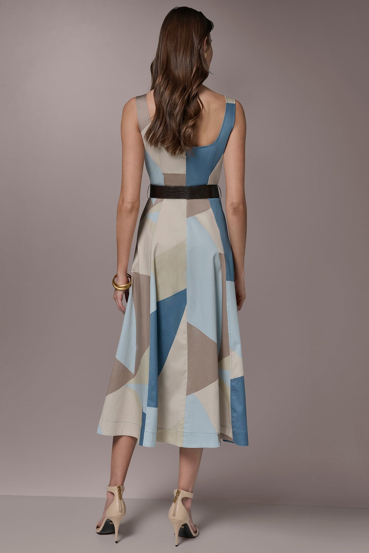 STRETCH-COTTON SLEEVELESS PRINTED MIDI DRESS - Washed Indigo/Sea Mist