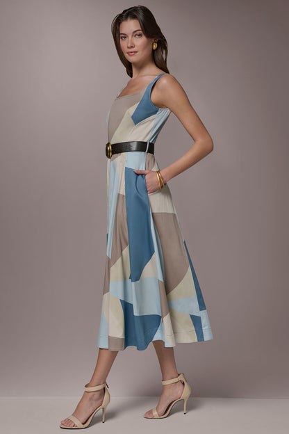 STRETCH-COTTON SLEEVELESS PRINTED MIDI DRESS - Washed Indigo/Sea Mist
