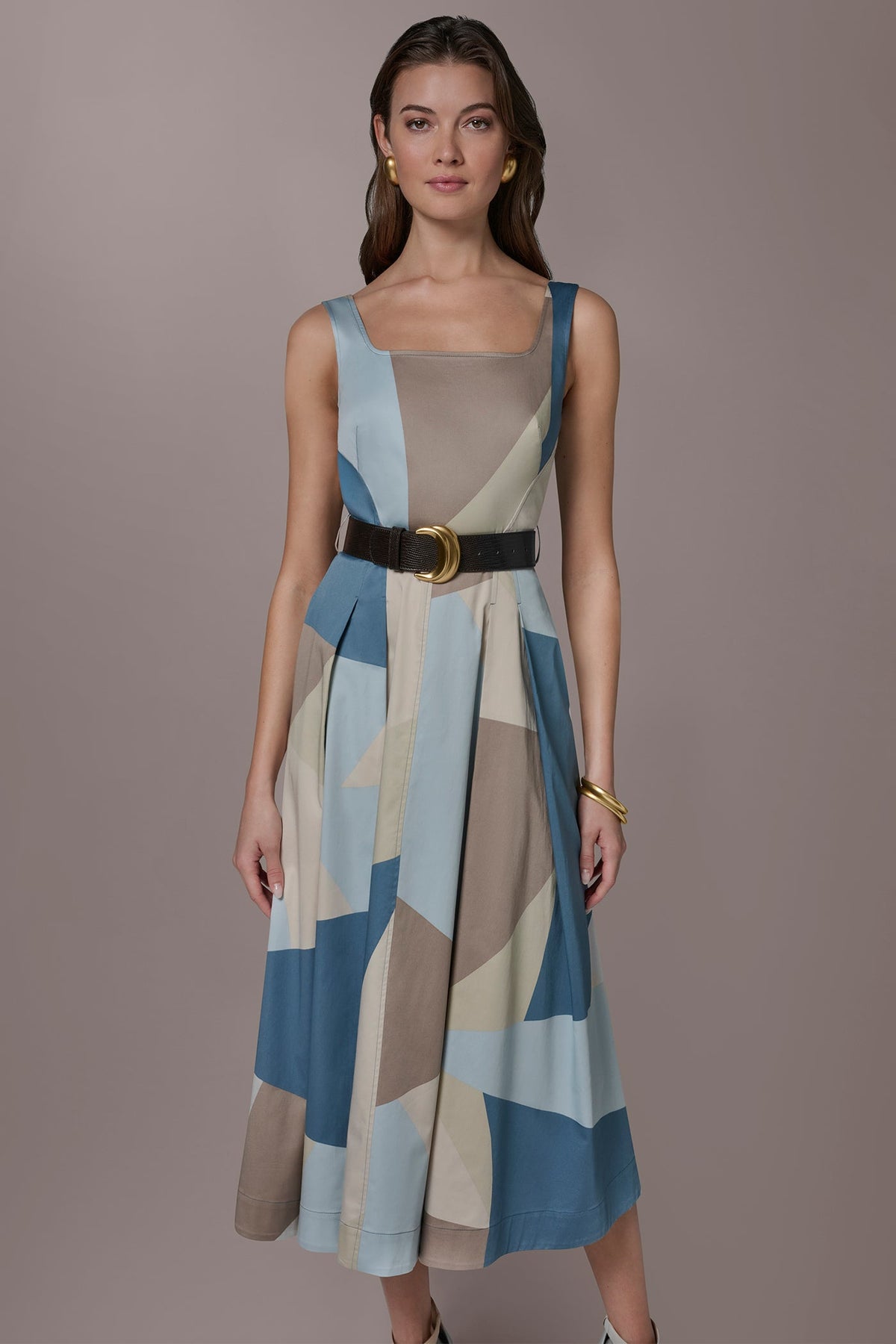 STRETCH-COTTON SLEEVELESS PRINTED MIDI DRESS - Washed Indigo/Sea Mist