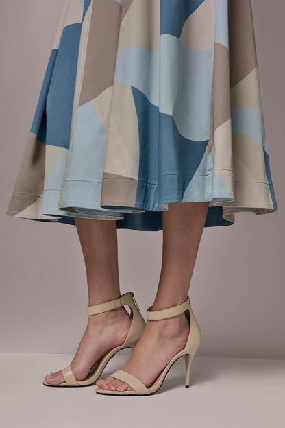 STRETCH-COTTON SLEEVELESS PRINTED MIDI DRESS - Washed Indigo/Sea Mist